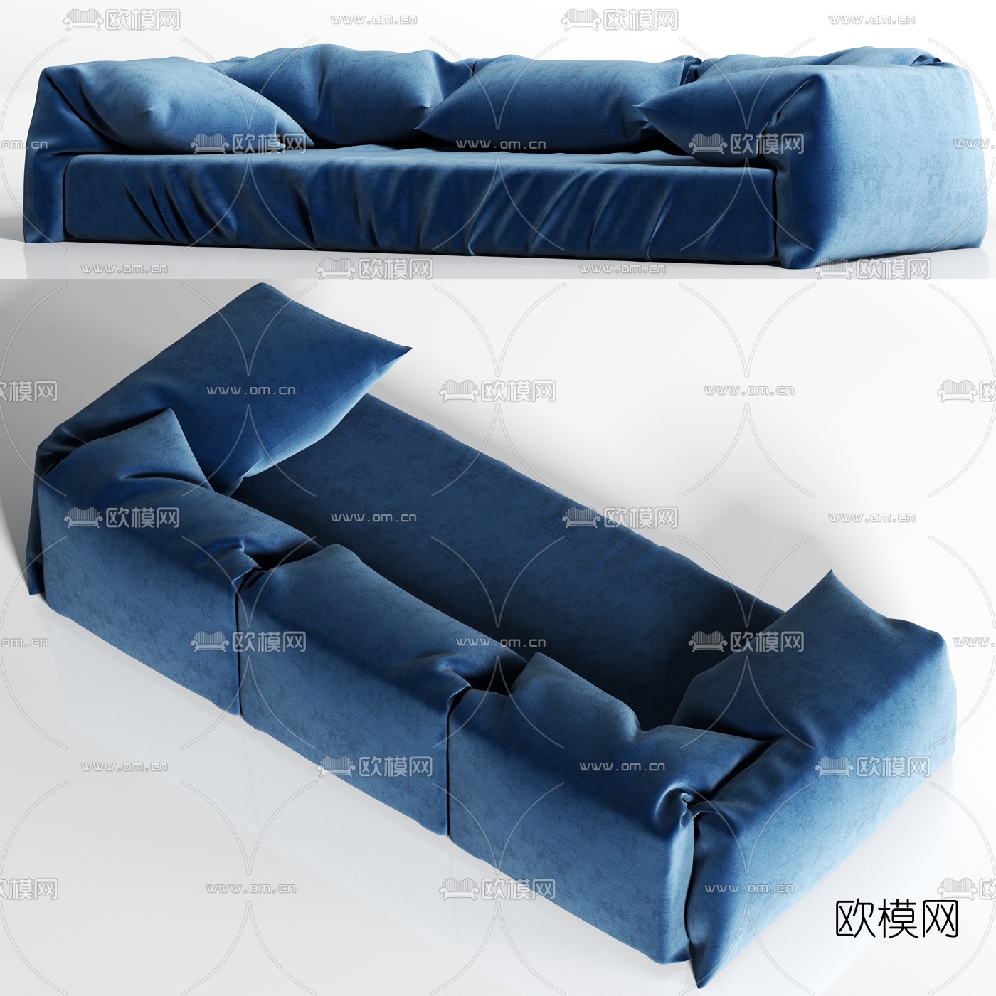 现代轻奢蓝色绒布多人沙发 三人沙发3d模型下载_ID10285806_3dmax免费模型-欧模网