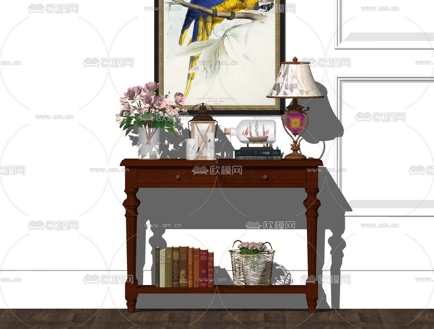 美式实木端景条案su模型下载