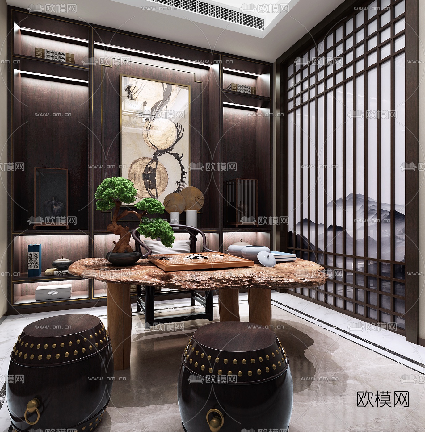 元禾大千 新中式书房3d模型下载（渲染图1）