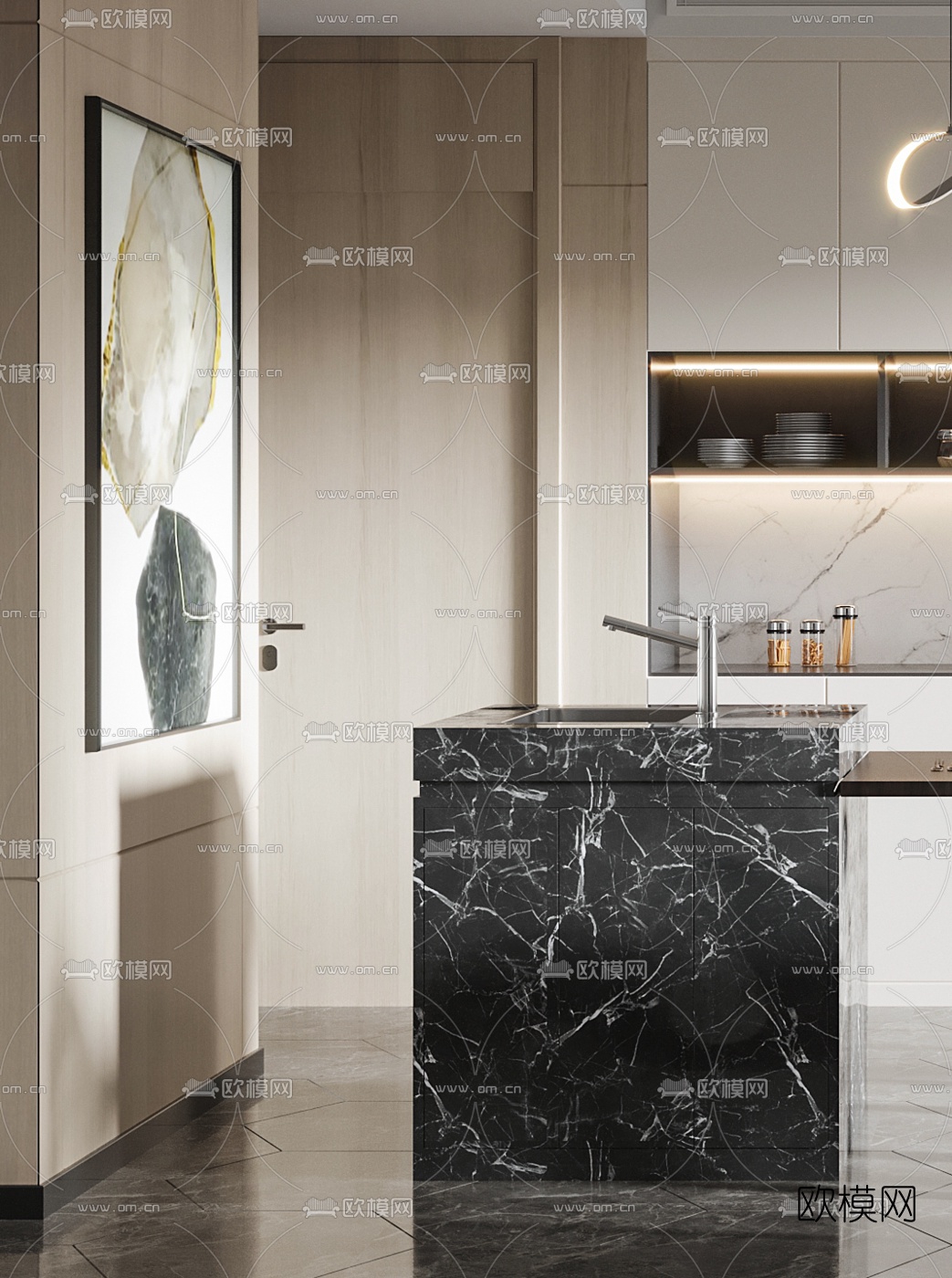 现代中岛台餐桌椅3d模型下载（渲染图2）