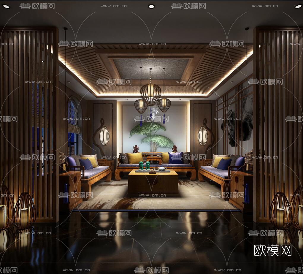 新中式奢华会客室3d模型下载（渲染图1）