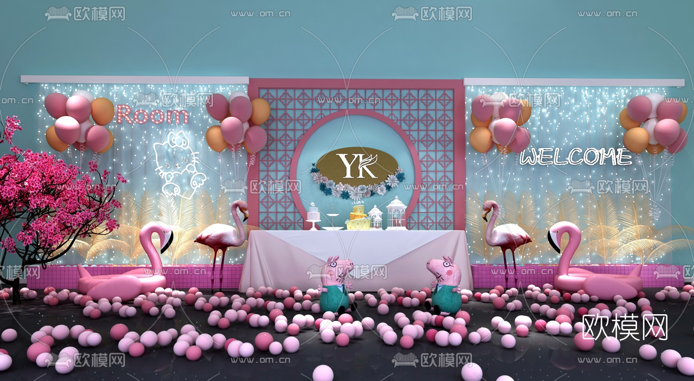 现代火烈鸟网红背景墙3d模型
