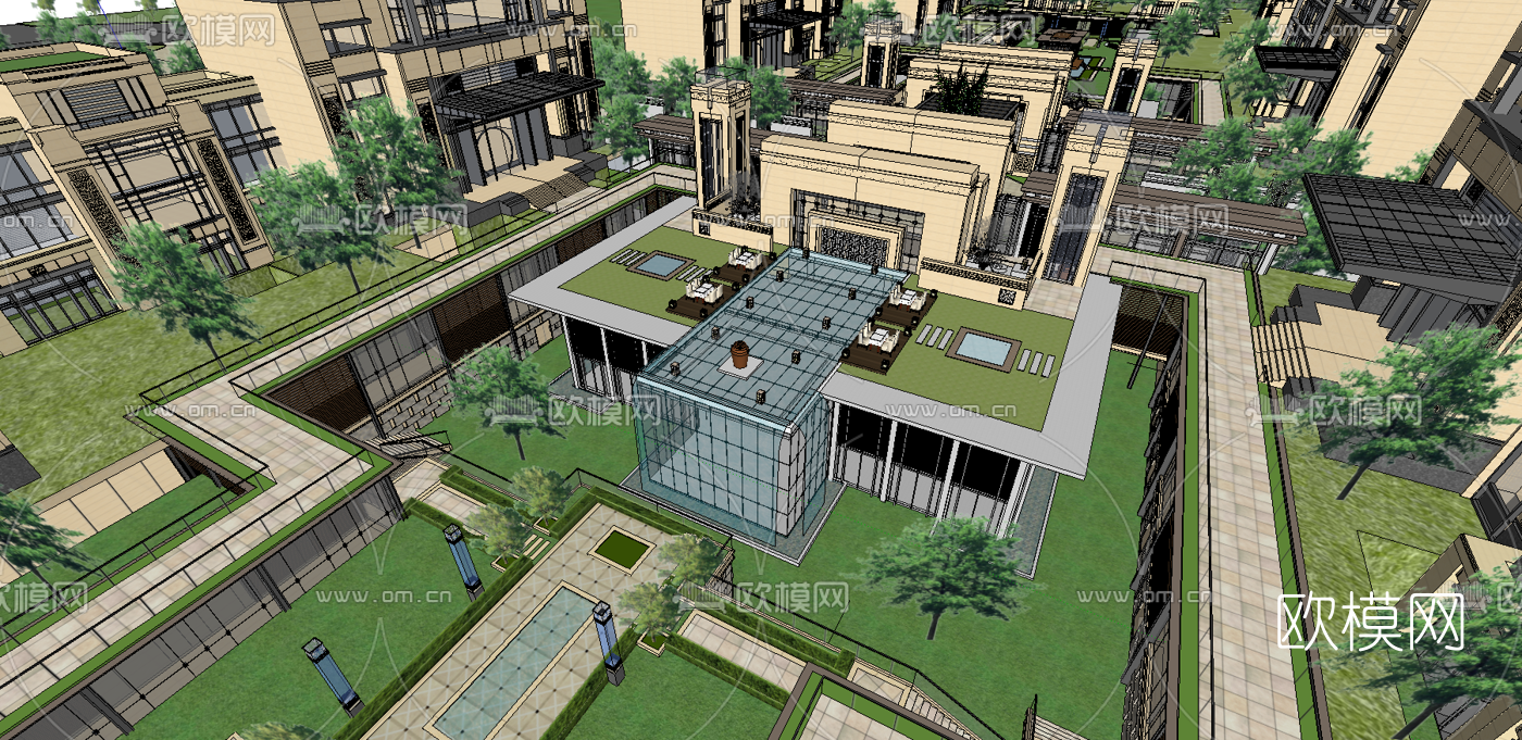 新中式小区规划su模型下载（渲染图6）