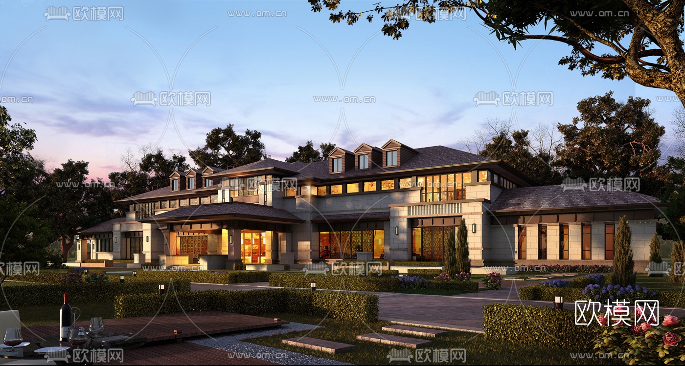简欧售楼会所建筑外观3d模型下载