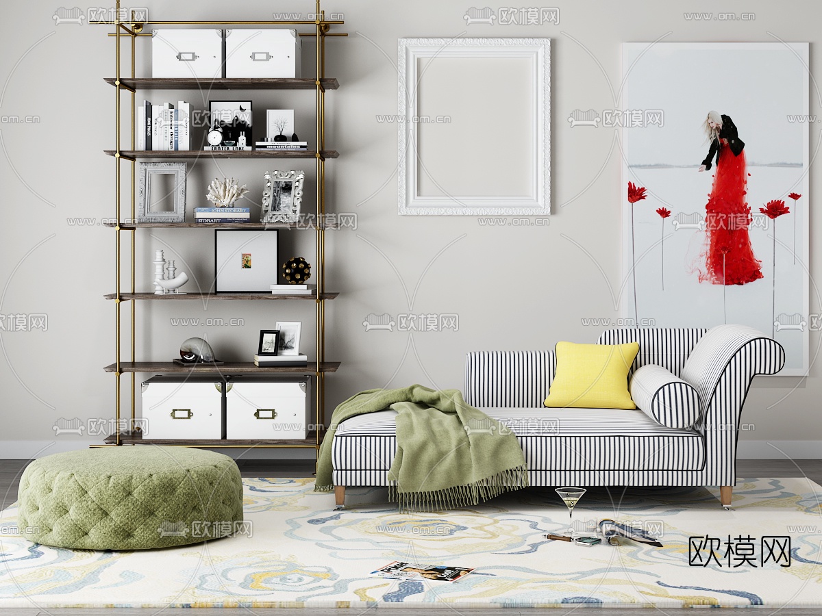 现代贵妃椅圆凳子装饰架装饰画组合3D模型下载