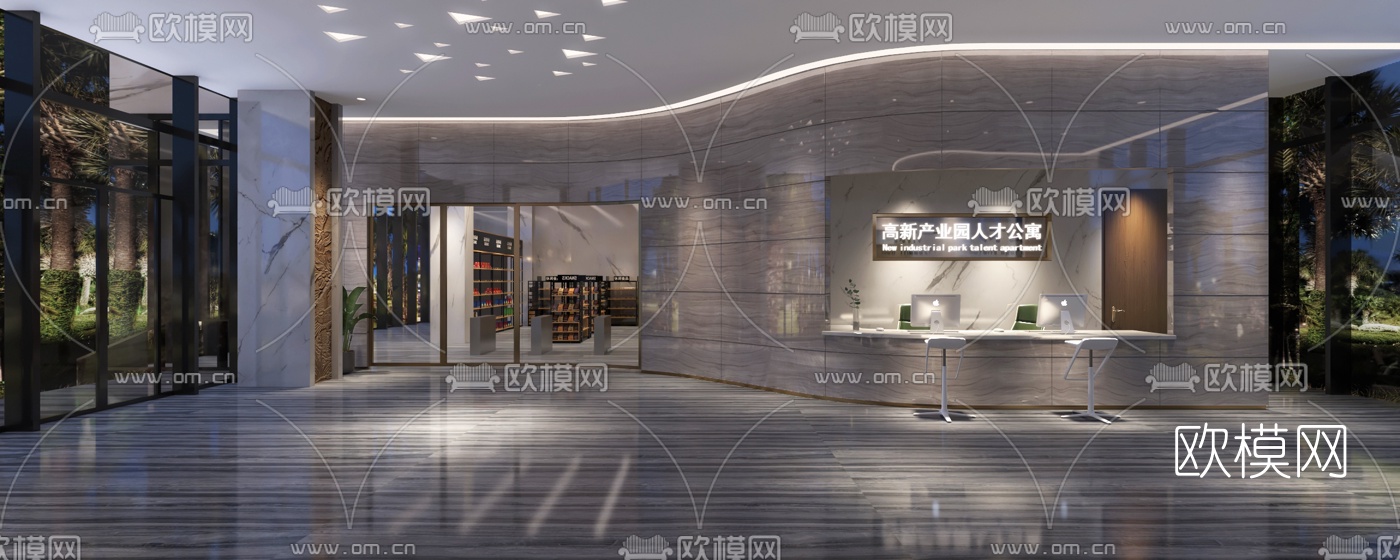 现代轻奢大堂吧3d模型下载（渲染图3）