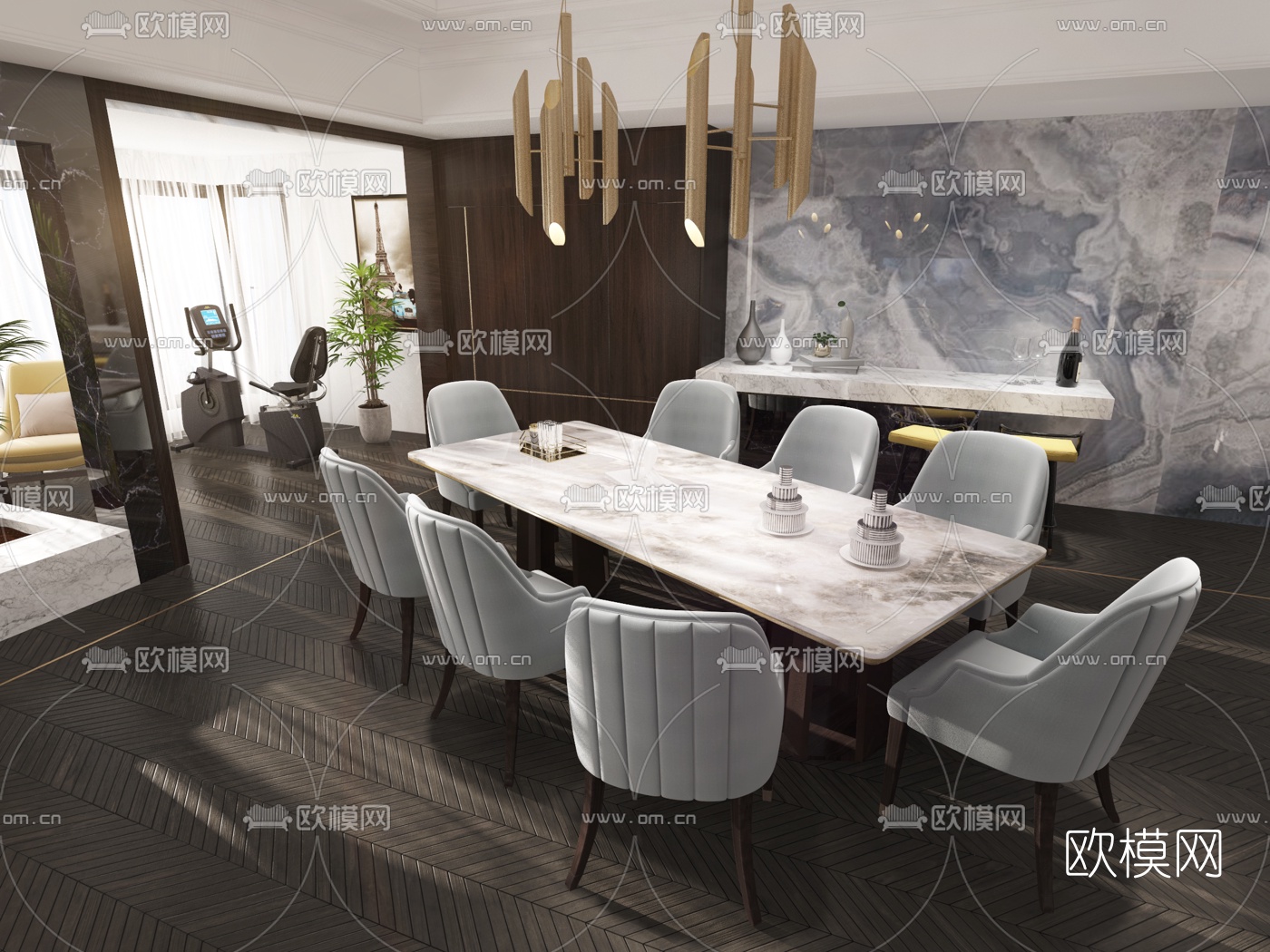 后现代客厅餐厅厨房3d模型