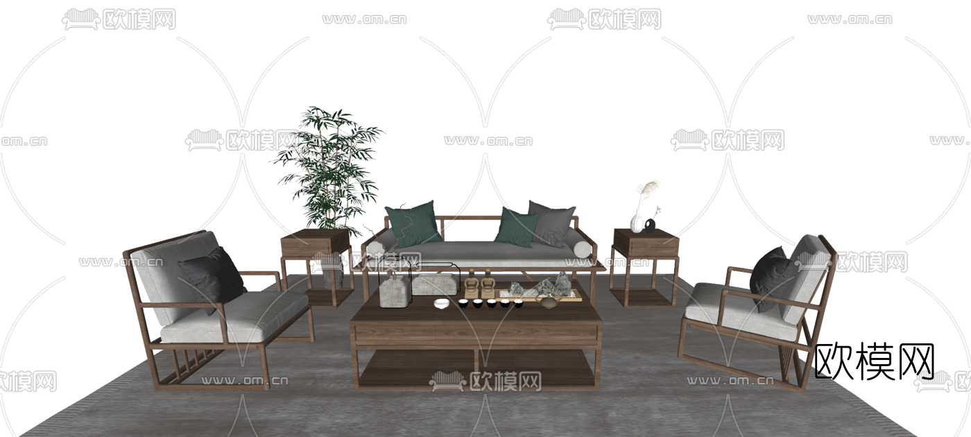 新中式布艺沙发组合su模型下载（渲染图4）