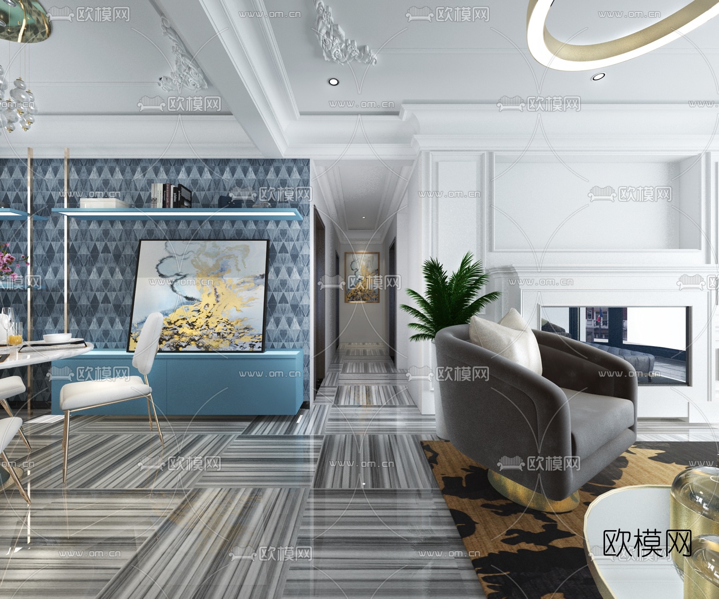 简欧客厅餐厅3D模型-免费3dmax模型库-欧模网
