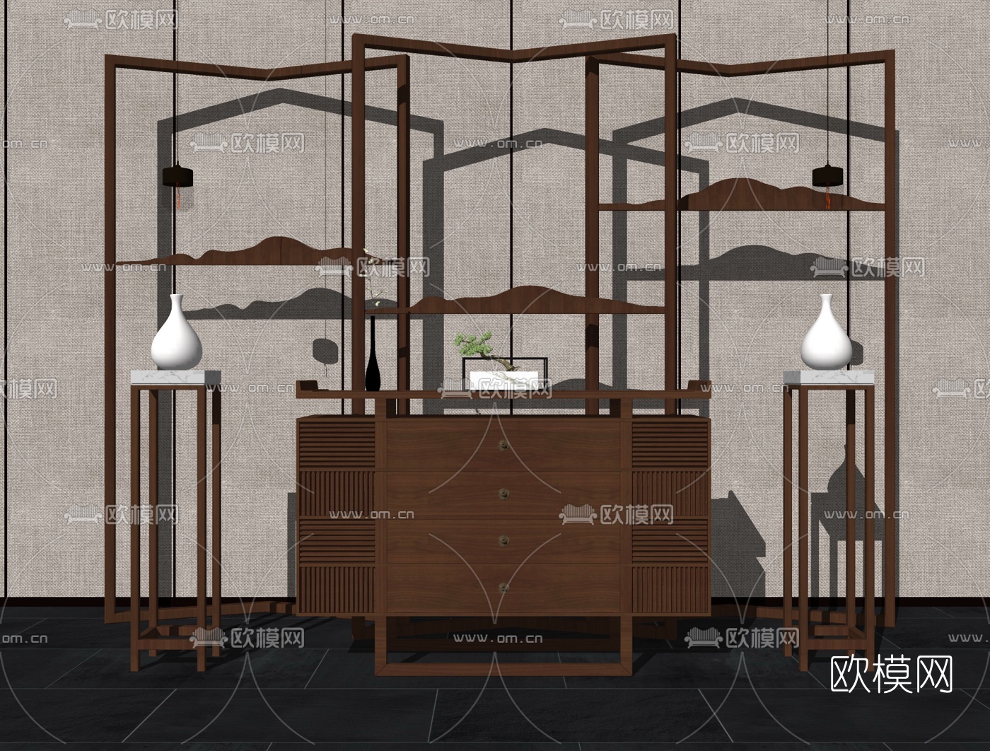 新中式实木端景柜su模型下载