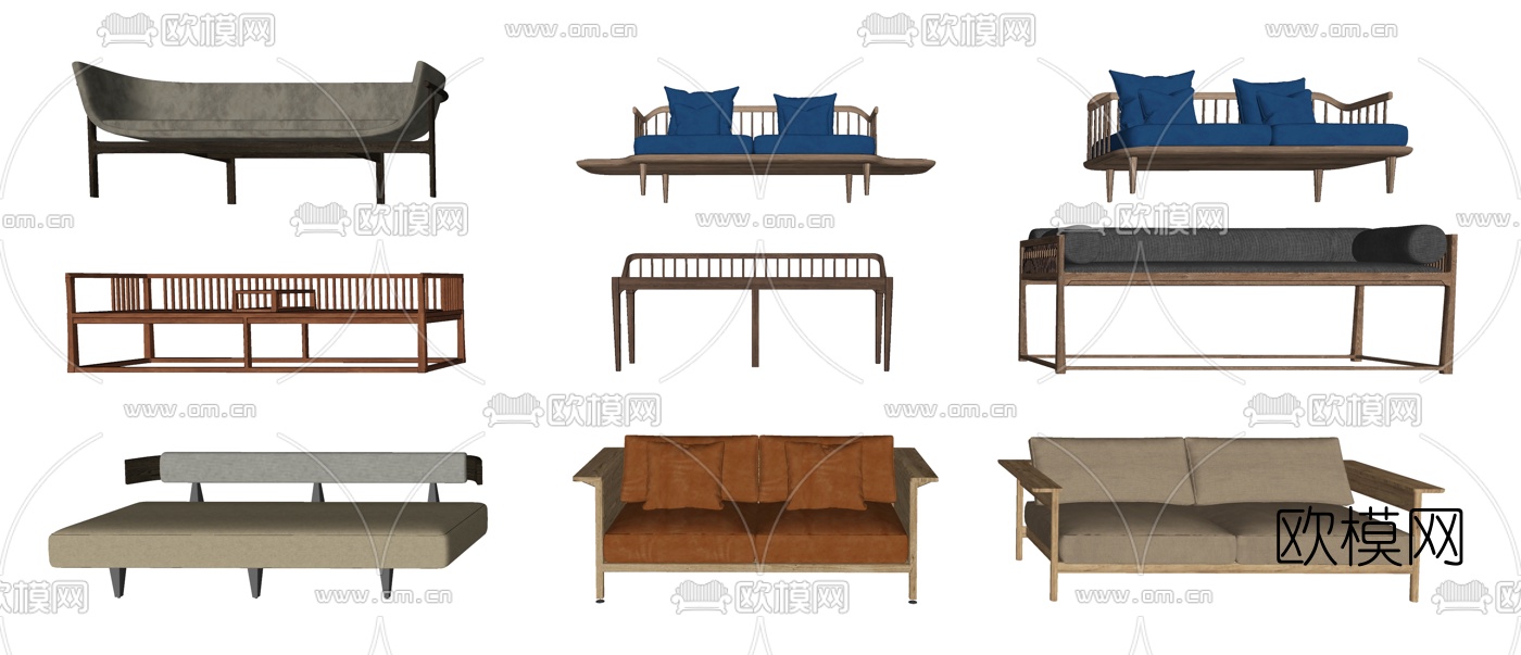 新中式布艺双人沙发su模型下载（渲染图3）
