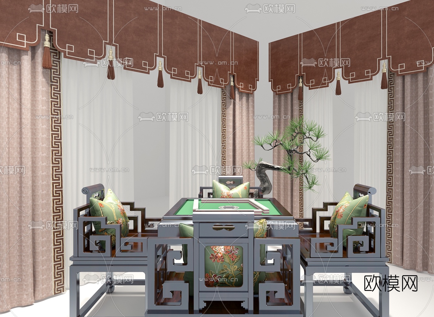 新中式休闲桌椅麻将桌椅窗帘3D模型