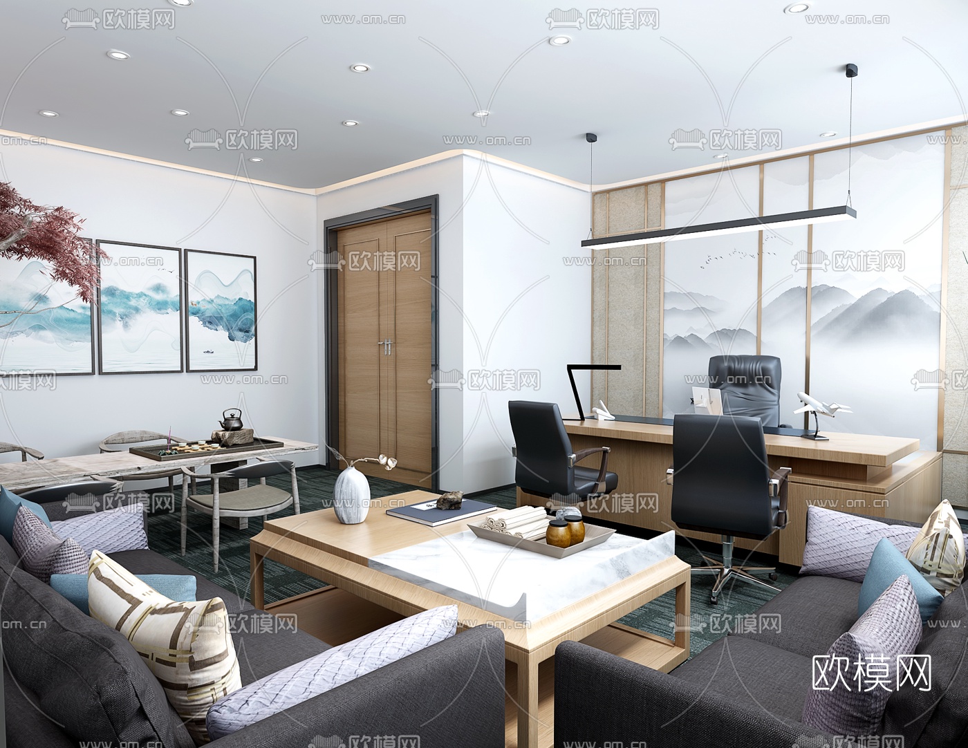 新中式总经理办公室3d模型-免费3dmax模型库-欧模网