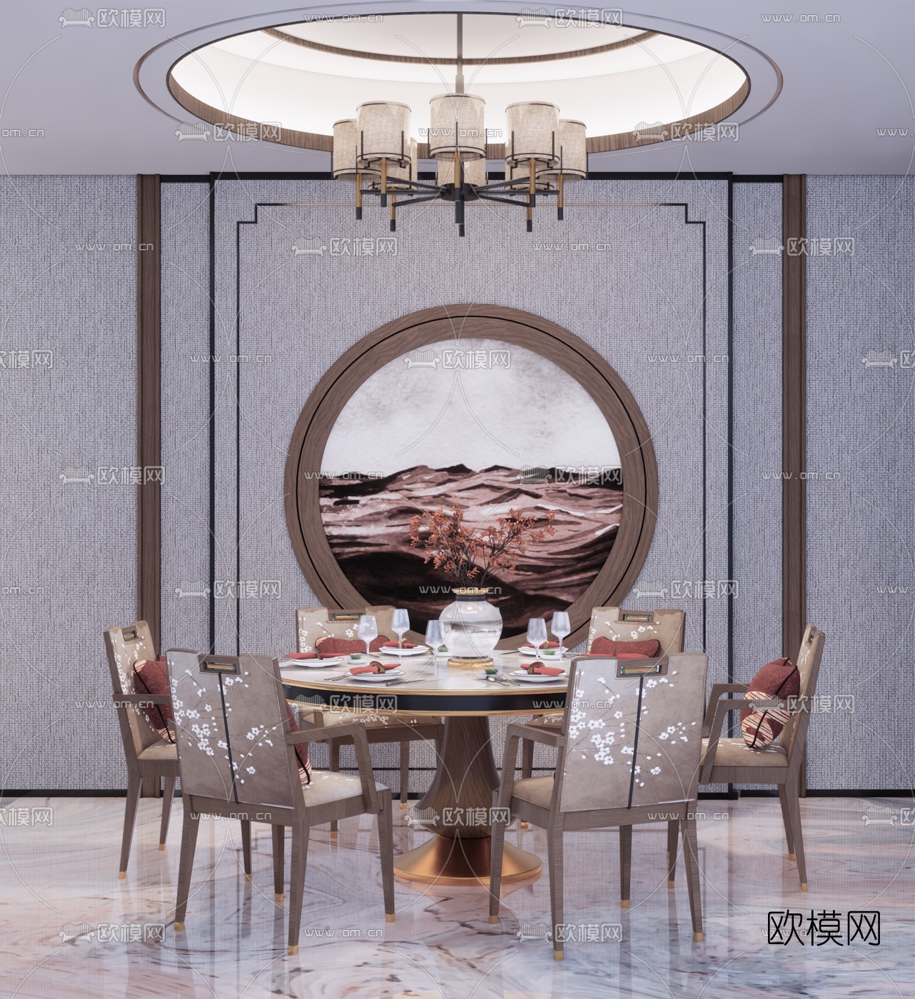 新中式餐厅su模型下载（渲染图1）