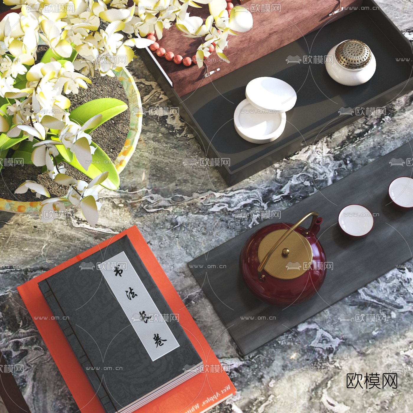 新中式茶几茶具盆栽组合3d模型下载（渲染图2）