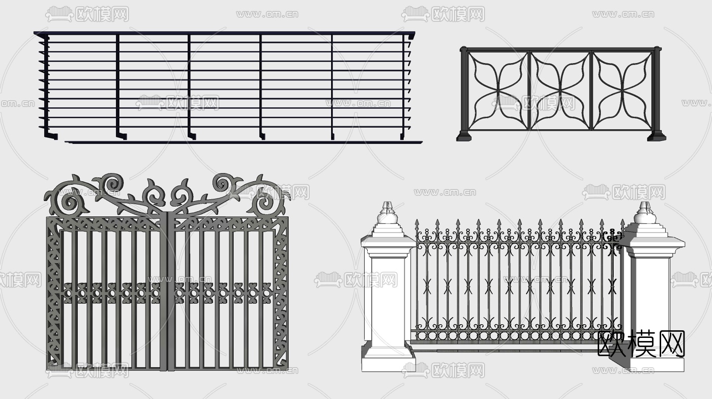 欧式阳台铁艺栏杆围墙护栏su模型下载