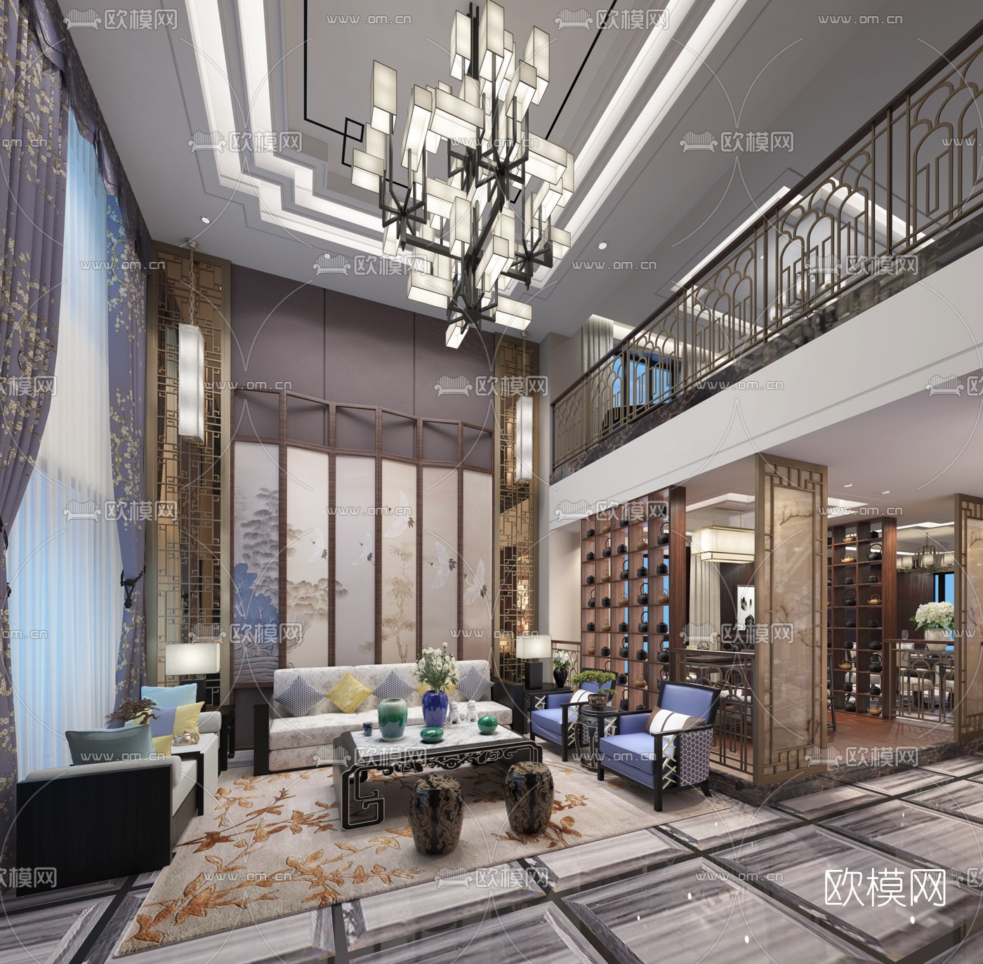 辛视设计 新中式别墅客厅3D模型下载（渲染图1）