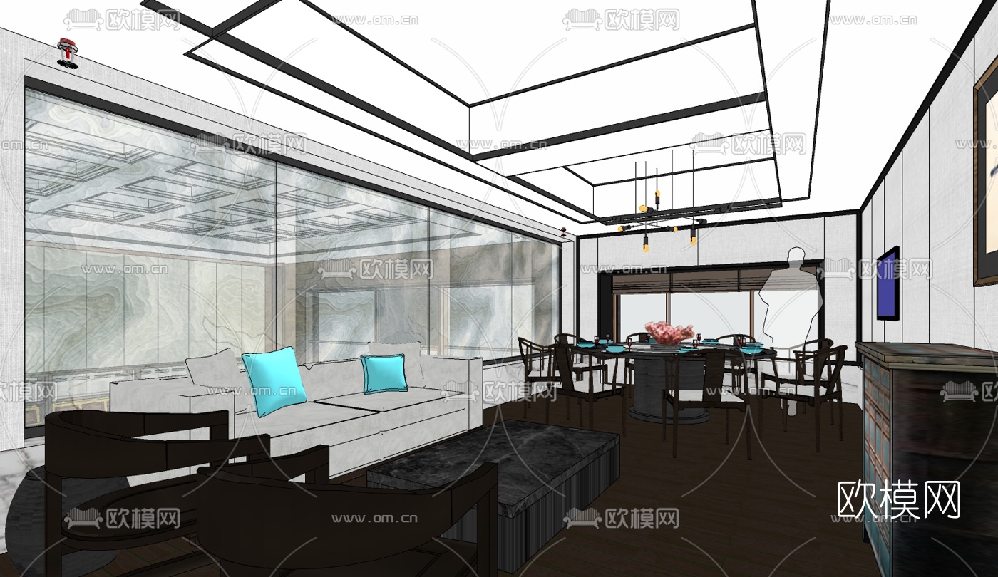 新中式餐厅su模型