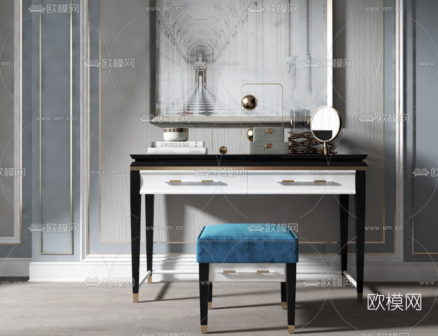 简欧轻奢梳妆台3d模型下载（渲染图1）