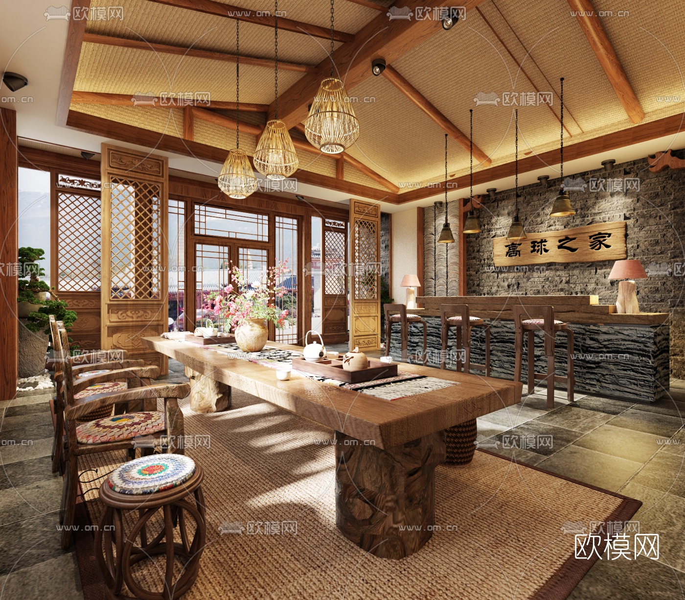 中式民宿酒店前台接待区3d模型