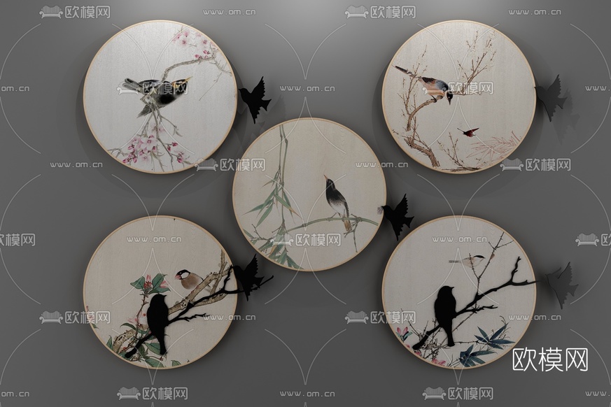 新中式花鸟挂画装饰画3D模型下载