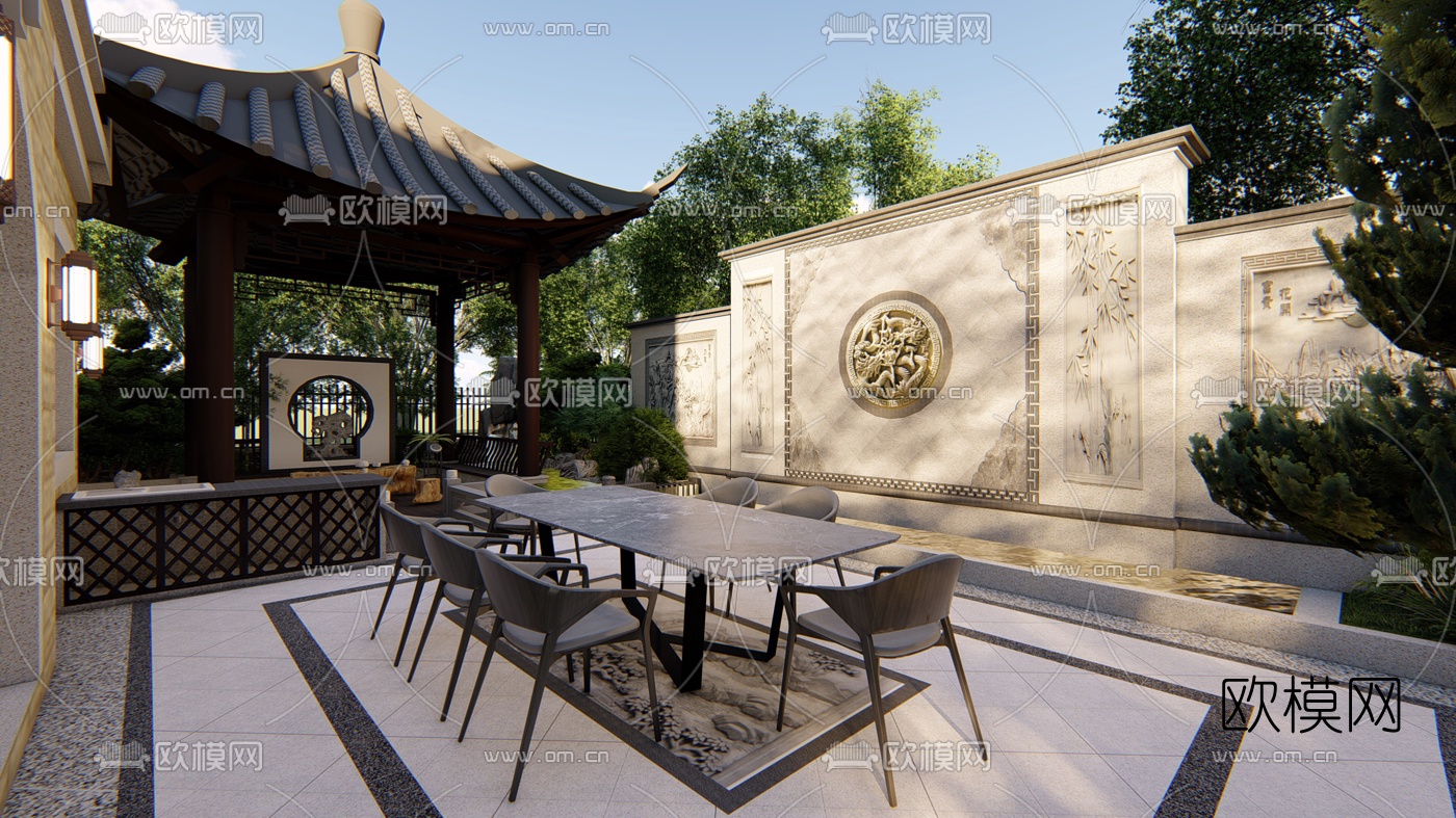 中式别墅庭院花园设计su模型下载（渲染图5）