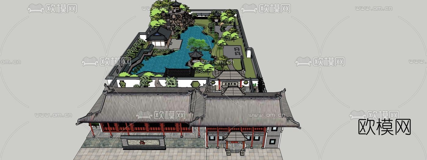 中式园林院落su模型下载（渲染图1）
