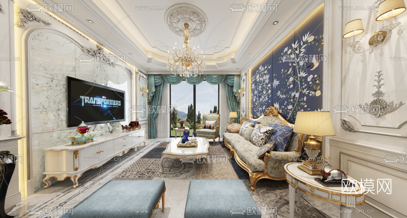 欧式客厅餐厅VR全景3d模型