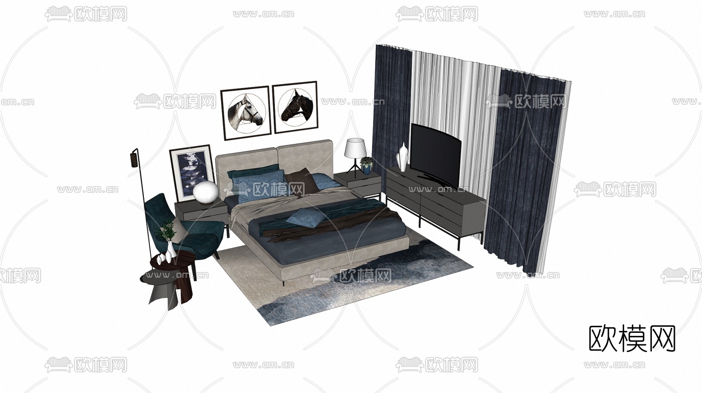 北欧双人床su模型下载（渲染图1）