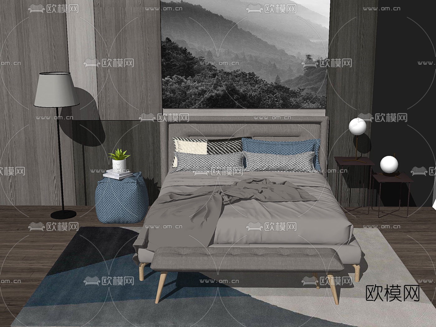 北欧双人床su模型下载