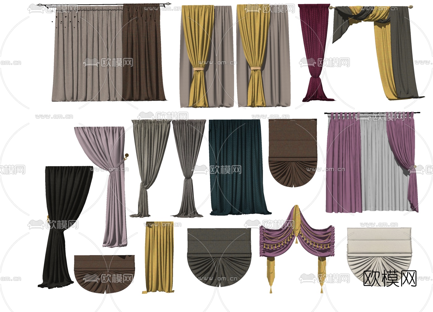 简欧布艺窗帘su模型下载