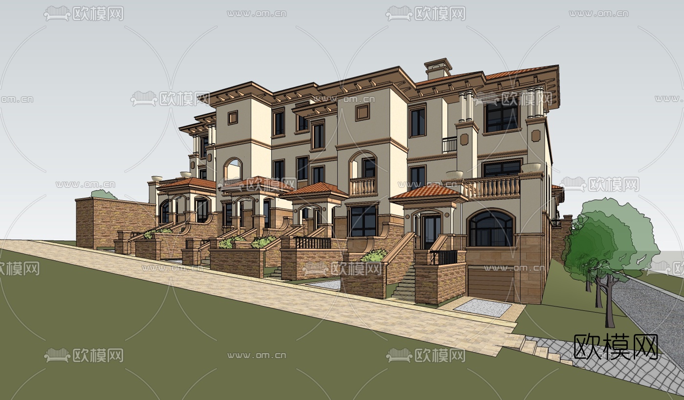 欧式连排别墅su模型下载（渲染图1）