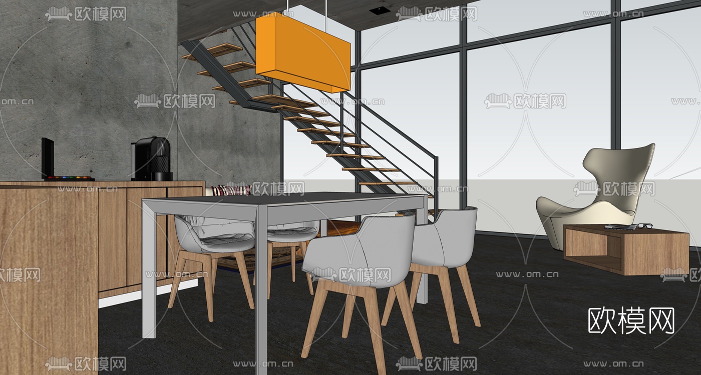 工业风客餐厅su模型下载（渲染图1）