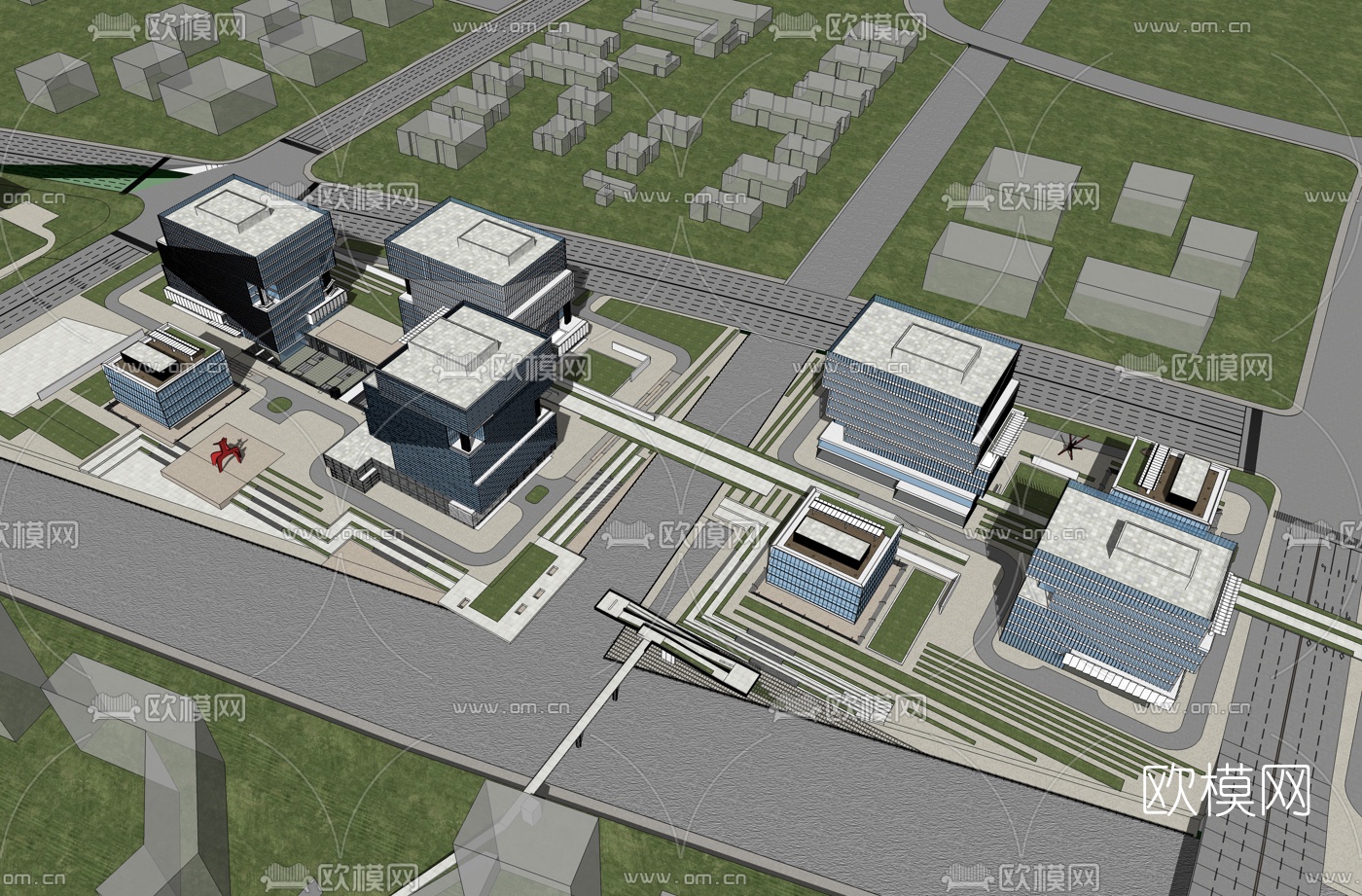 现代办公园区鸟瞰su模型下载（渲染图3）
