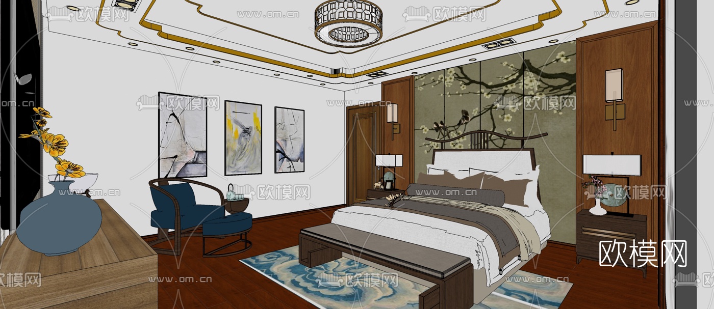 新中式卧室主人房su模型下载（渲染图1）
