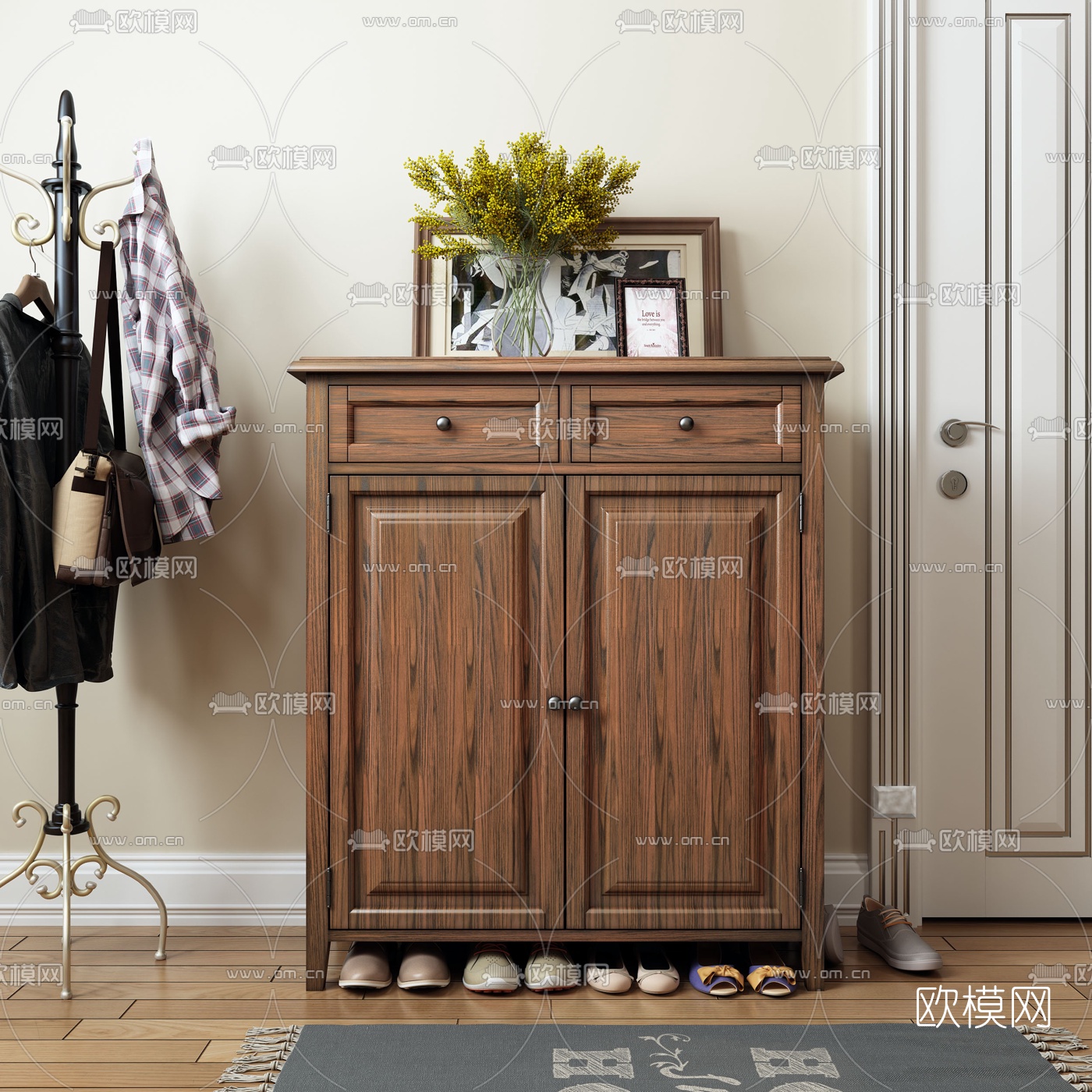 美式实木鞋柜3d模型下载（渲染图1）