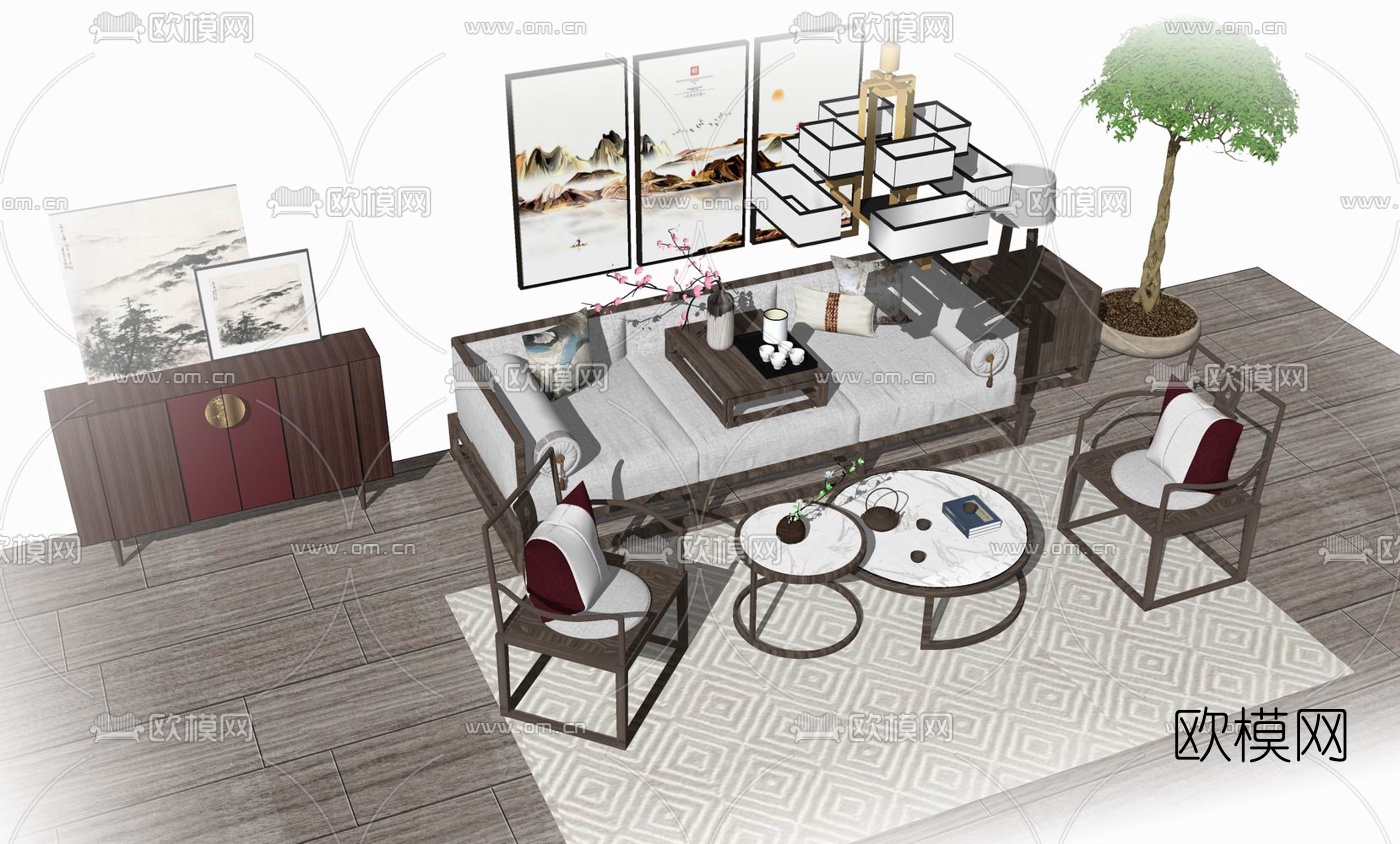 中式沙发组合su模型下载