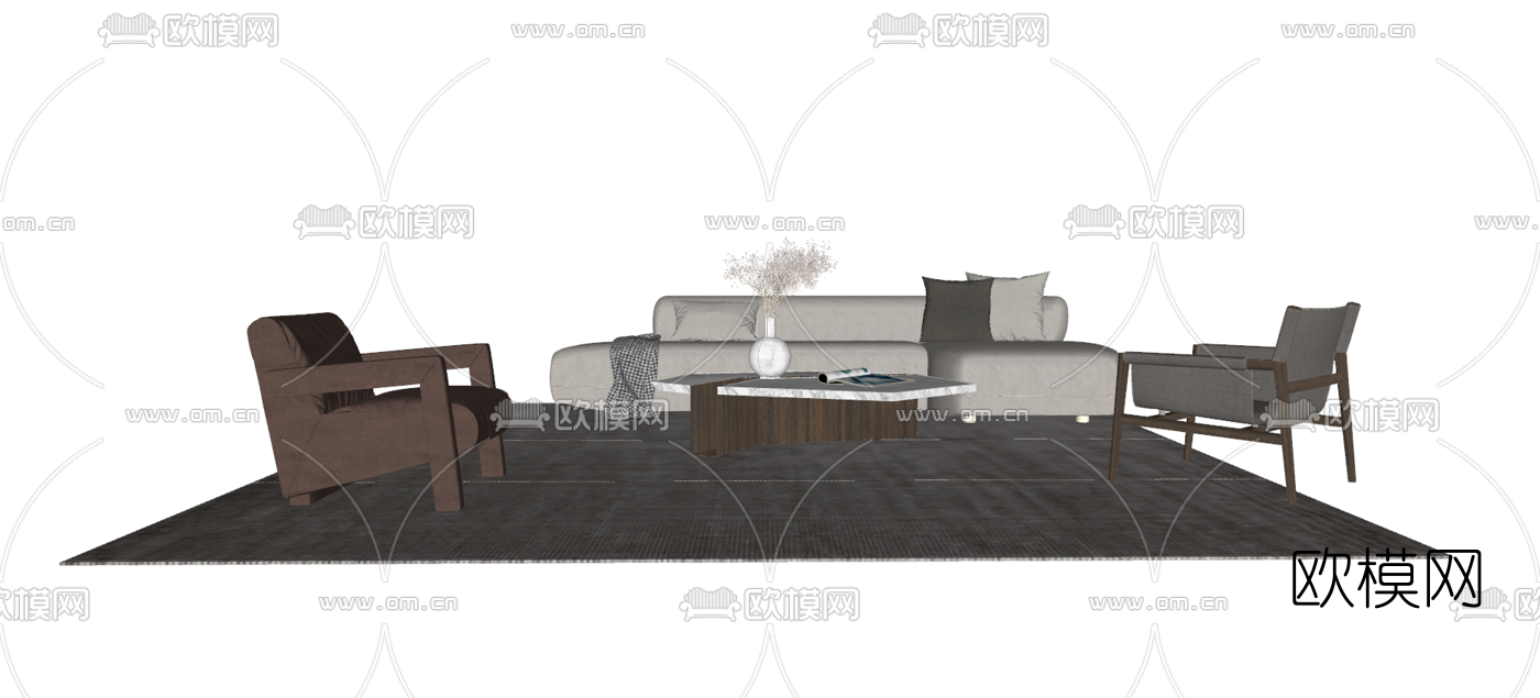 现代布艺组合沙发su模型下载（渲染图1）