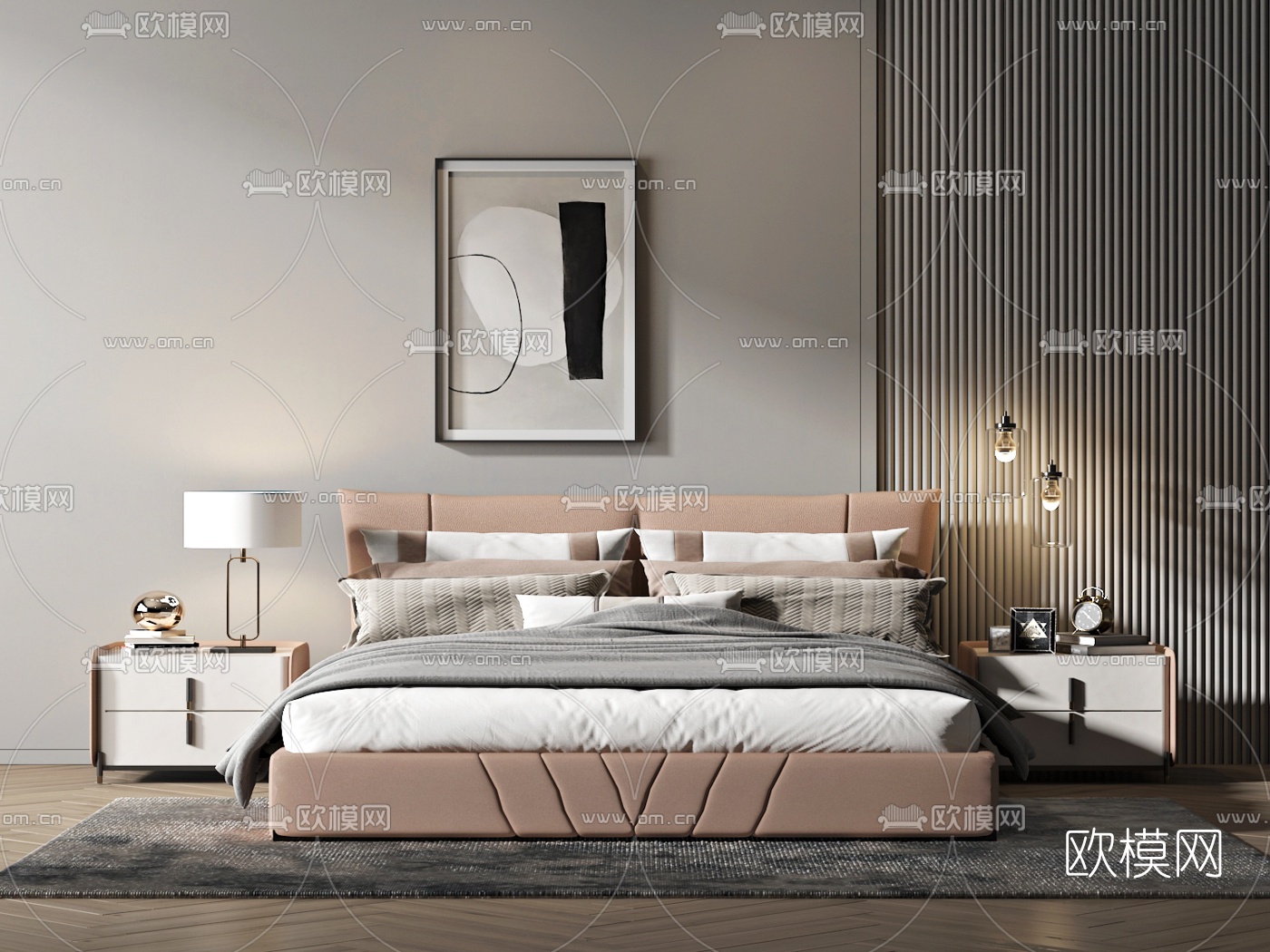 现代布艺双人床3d模型下载