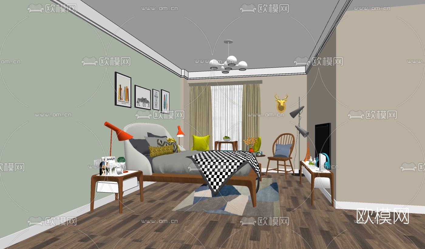 北欧卧室su模型下载（渲染图1）