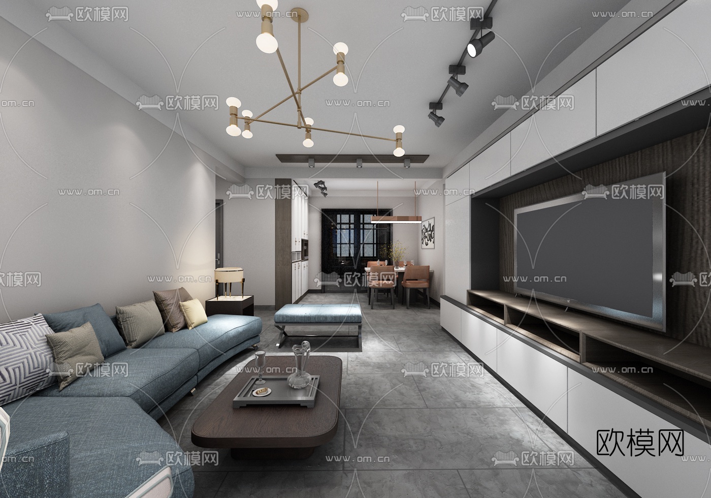 现代高级灰客厅餐厅3d模型下载（渲染图1）