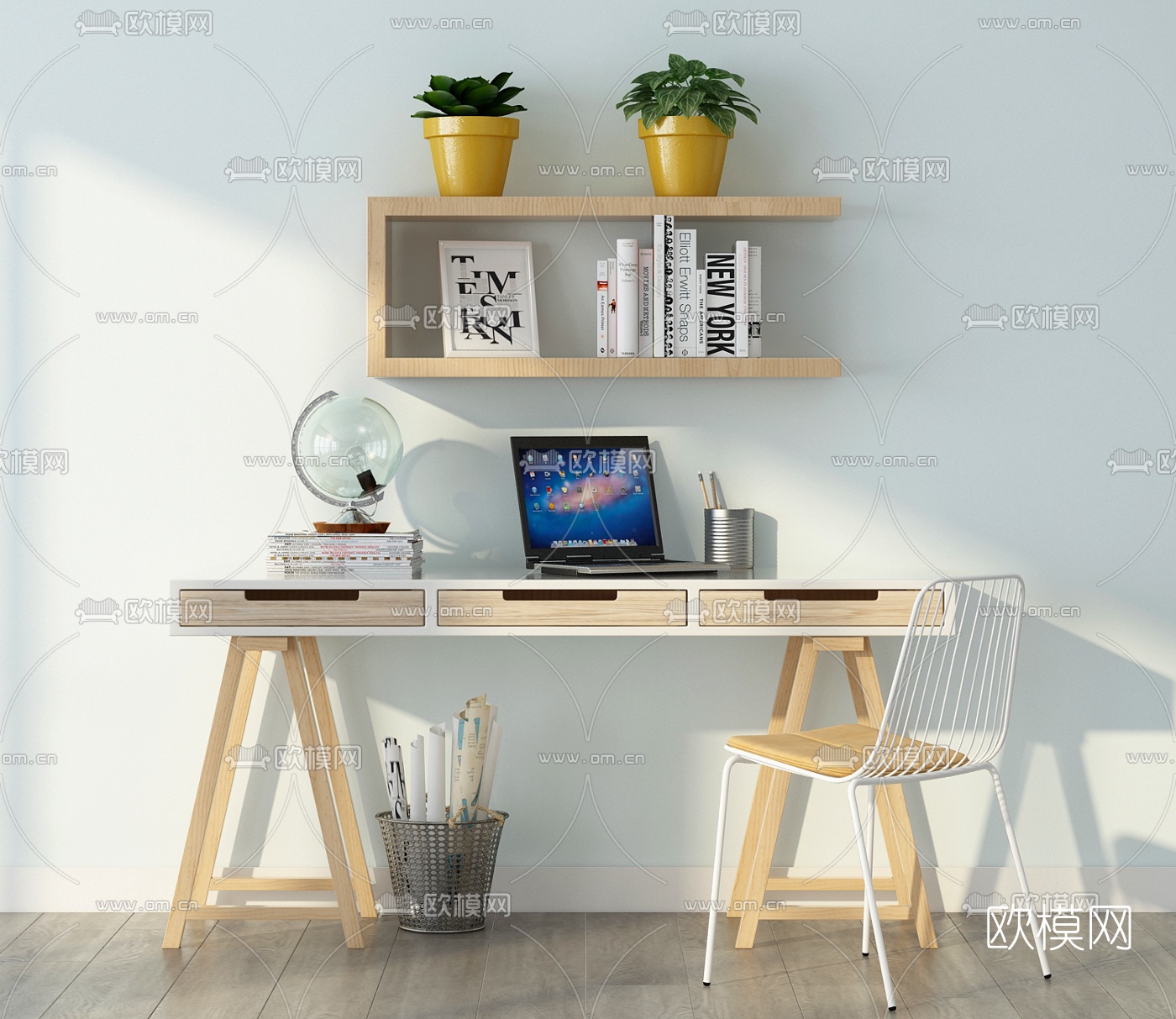 北欧实木书桌椅3d模型下载