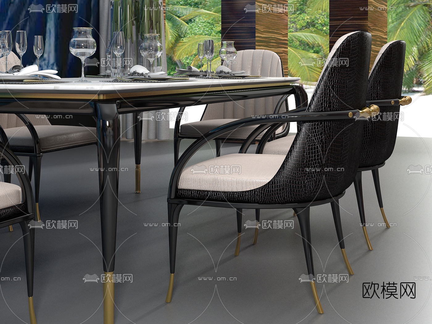意大利高级餐桌椅餐具组合3D模型下载（渲染图1）