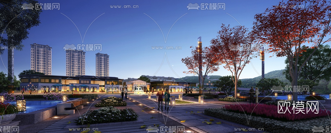 新中式广场夜景3d模型下载