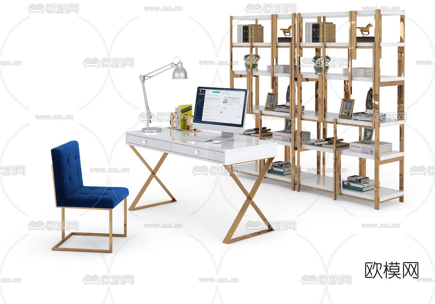 现代轻奢书桌椅书柜组合3d模型下载