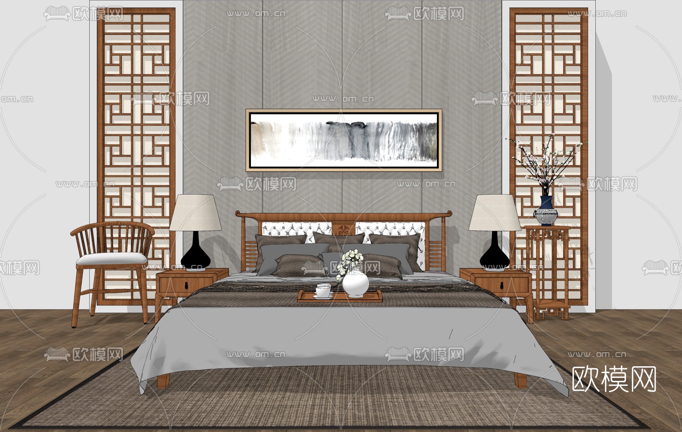 新中式双人床组合su模型下载（渲染图1）