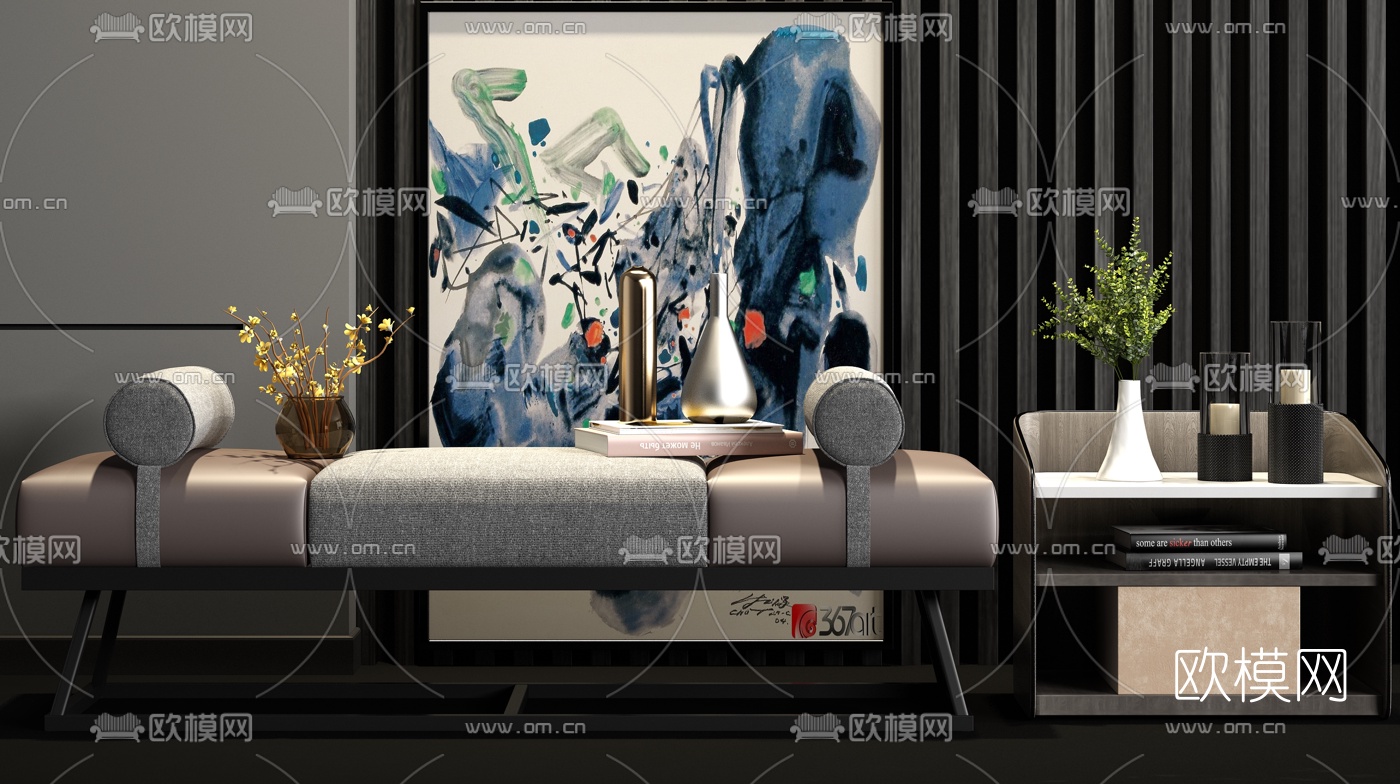 新中式实木皮革脚踏床尾凳3d模型下载