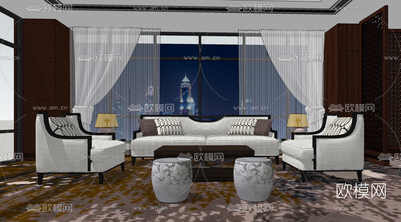 新中式餐厅包房su模型下载（渲染图4）