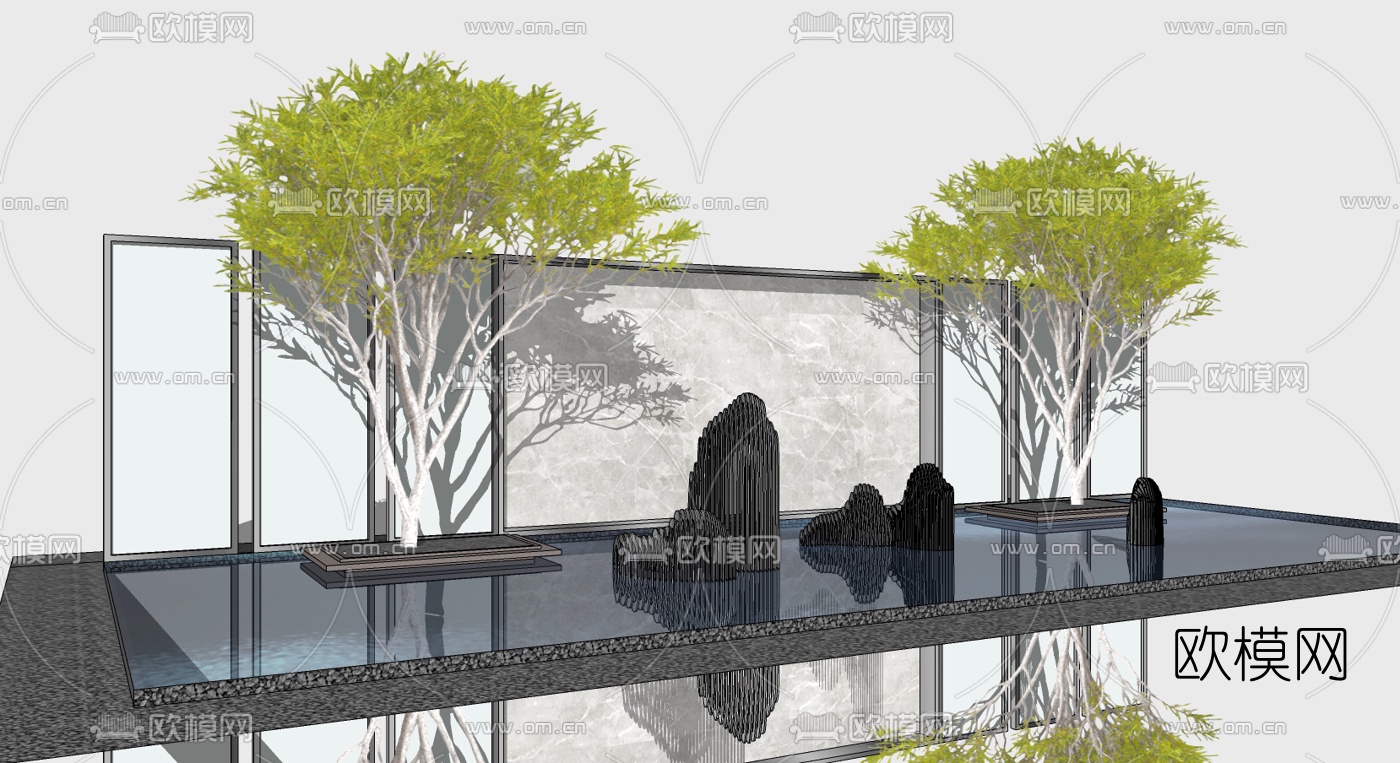 新中式景观墙水池su模型