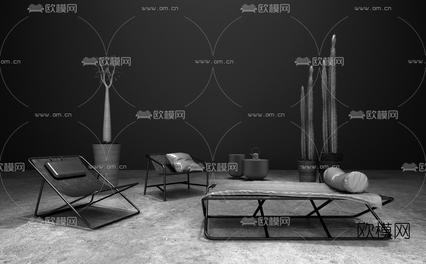 意大利BAXTER品牌 工业风铁艺沙发躺椅盆栽组合3D模型